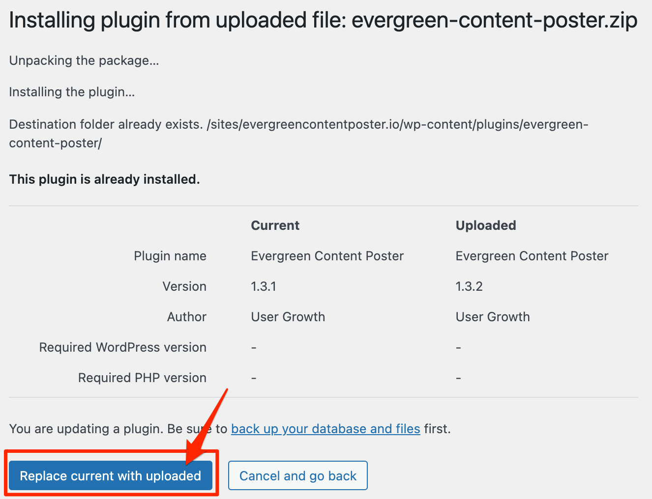 overwriting the current WordPress plugin with a newer version