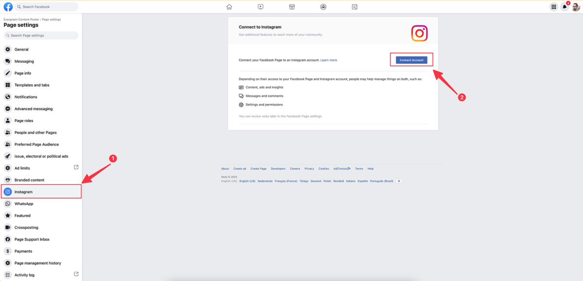 Convert Personal to Business Instagram account -Click instagram and "Connect account"