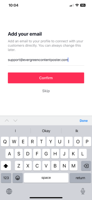 Convert Personal to Business TikTok account - add your email address (optional) part 2