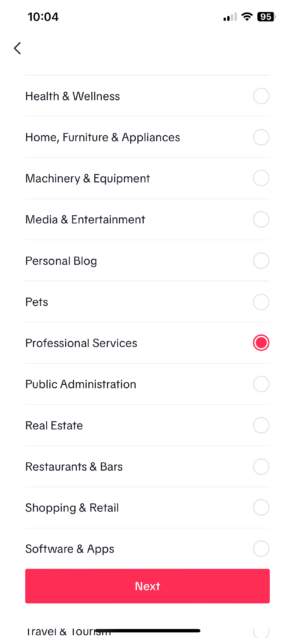 Convert Personal to Business TikTok account - Choose your business category