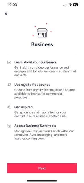 Convert Personal to Business TikTok account - Tap next