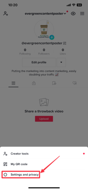 Convert Personal to Business TikTok account - Tap Settings and privacy