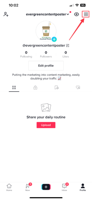 Convert Personal to Business TikTok account - Tap three lines or hamburger menu