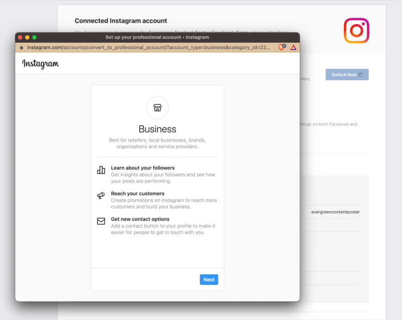 Convert Personal to Business Instagram account - Follow on-screen instructions