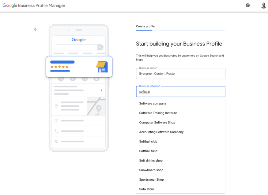 Adding your business to Google, step 2, select your business category