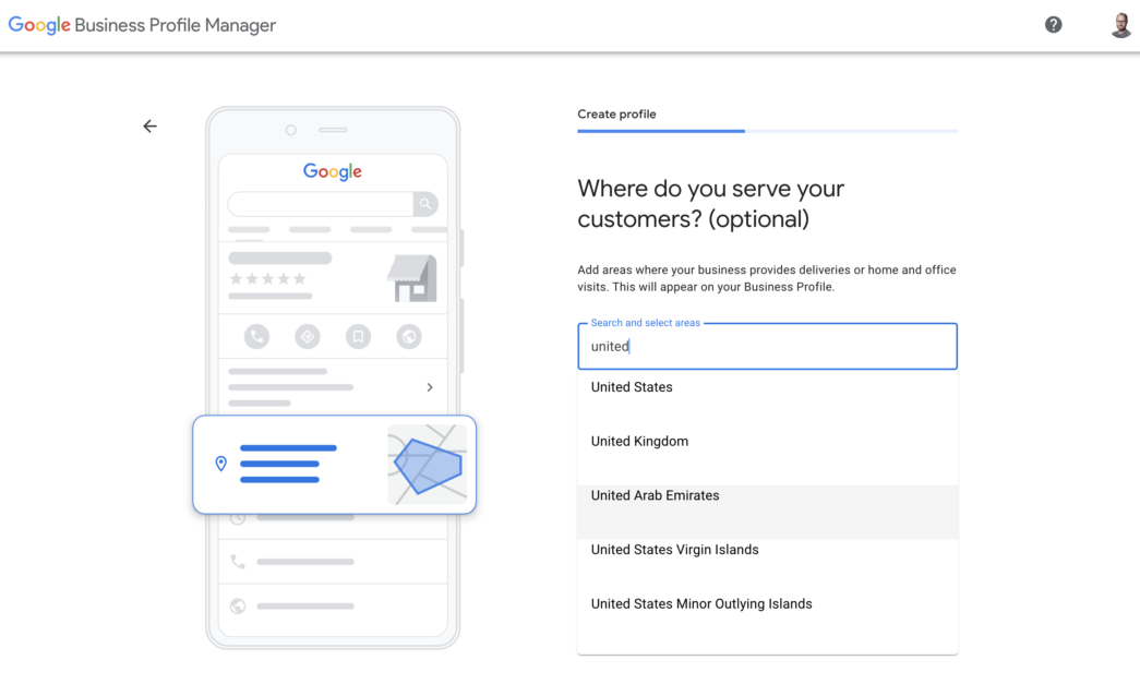 Adding your business to Google, step 3, enter your operating area