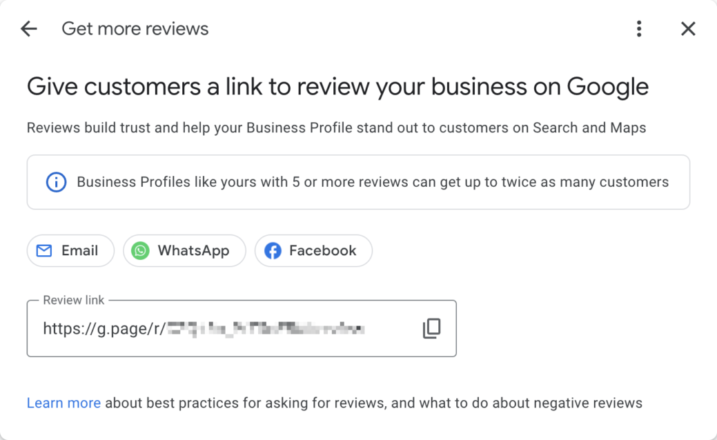 Link asking for reviews on your Google Business Profile