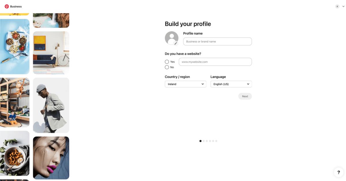 Create a new Pinterest account - entering your business details