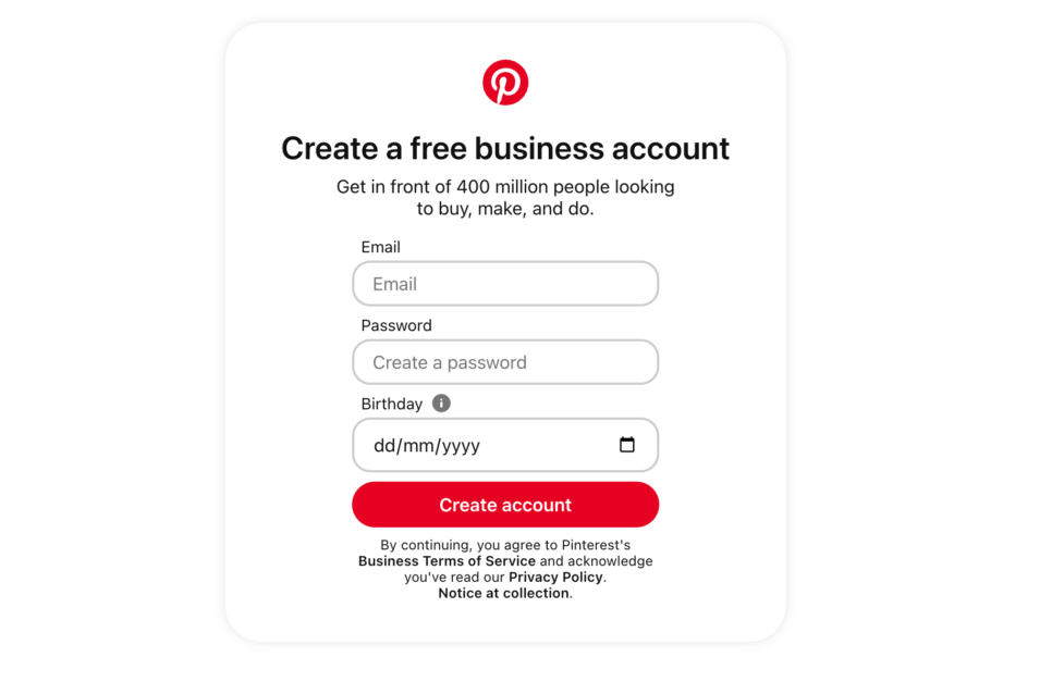 Create a new Pinterest account - filling in your email, password, and birthday in the first step