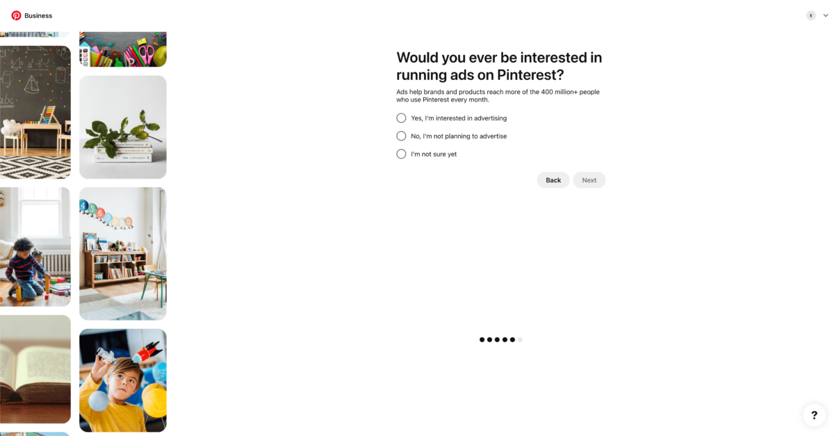 Create a new Pinterest account - select if you're interested in running ads