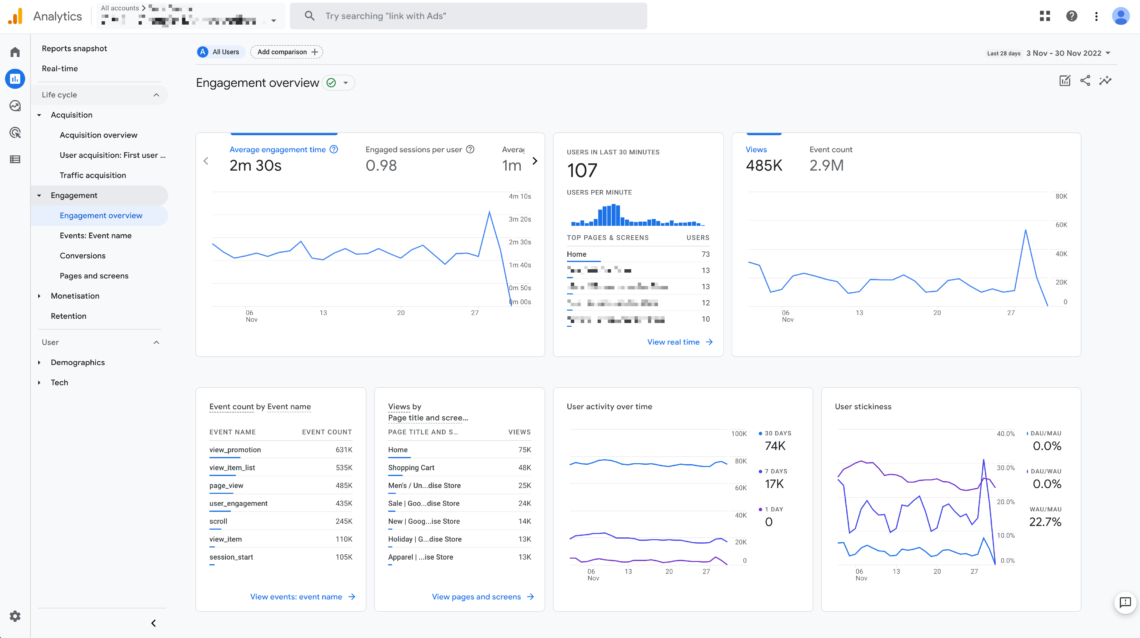 Sample engagement overview report in Google Analytics 4