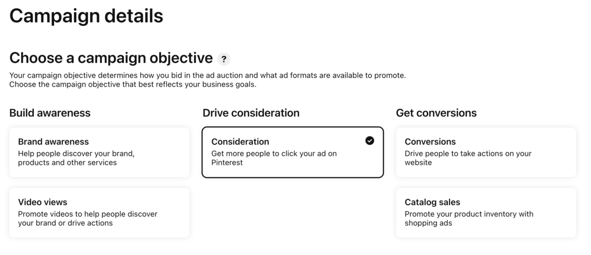 Setting campaign objectives within Pinterest advertising
