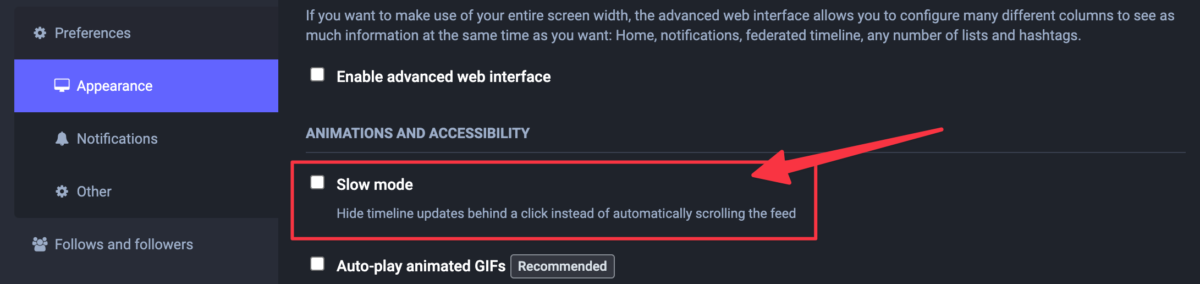 Slow mode - Hide timeline updates behind a click instead of automatically scrolling the feed (Mastodon)