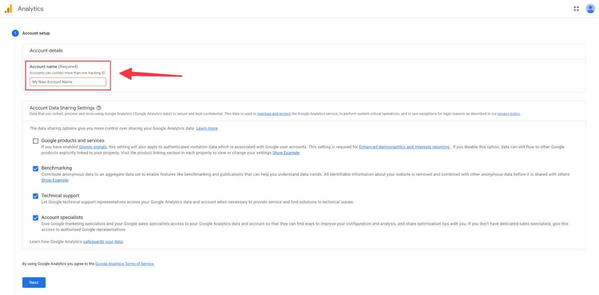 Step 1: create a Google Analytics account; account name setup