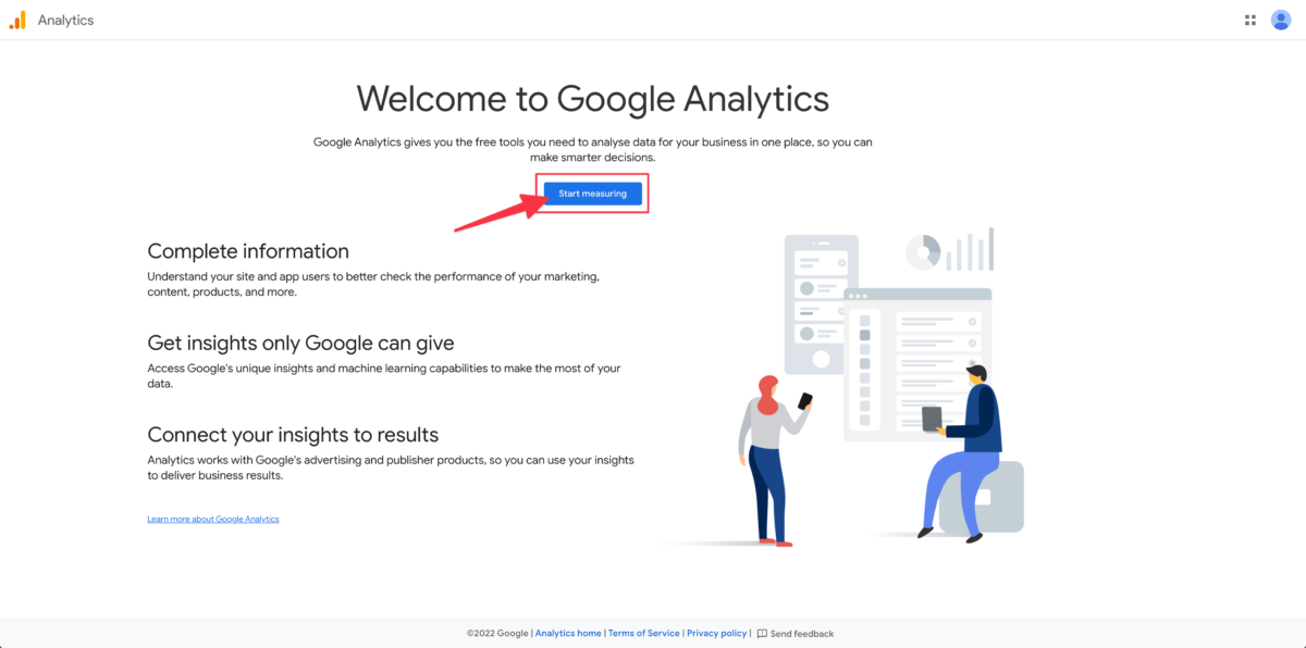 Step 1: create a Google Analytics account by clicking "Start measuring"