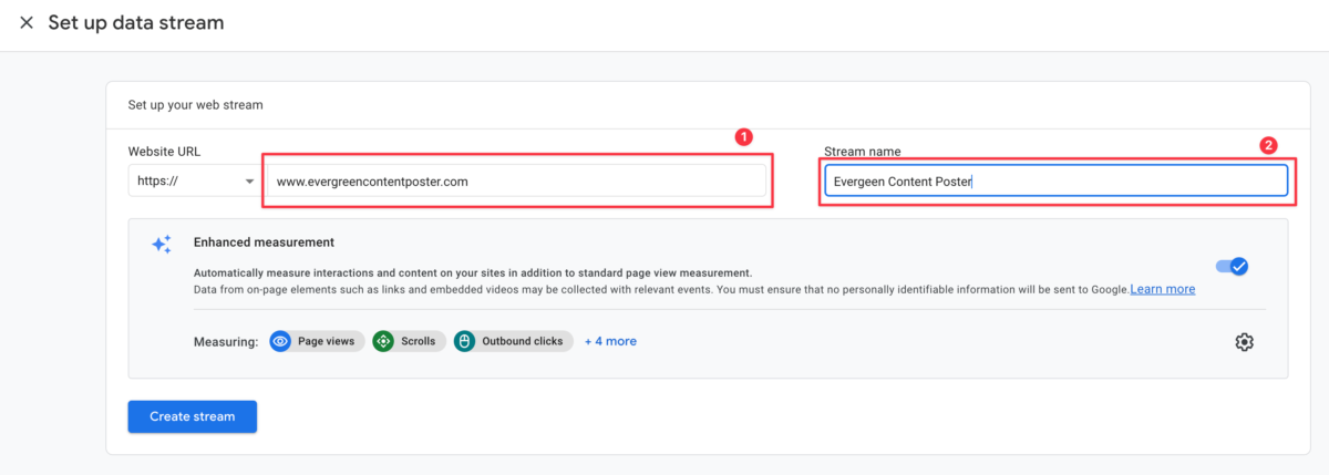 Step 2: create a Google Analytics account; set up a data stream